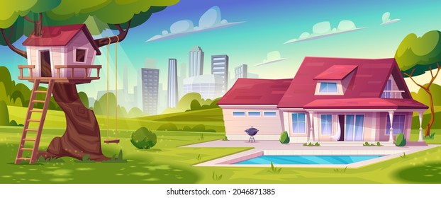 Tree House With Swing, Ladder On The Background Of City. Suburban House, Cottage With Pool, Green Lawn In Front Yard.