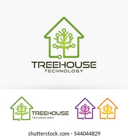 Tree house technology logo design. House, Green energy and Technologies logo concept. Vector logo template