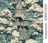 Tree house toile de jouy seamless pattern illustration in blue
