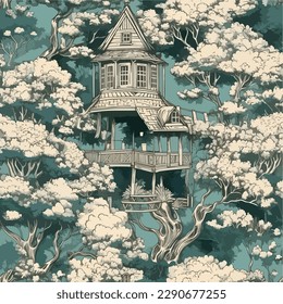 Tree house toile de jouy seamless pattern illustration in blue