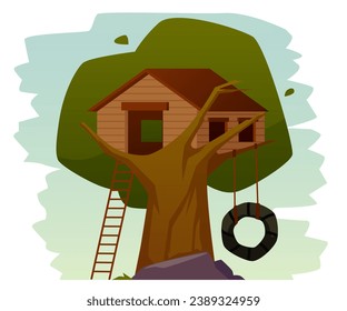 Tree house or toy tree fort for kids outdoor play, flat vector illustration isolated on white background. Boy Scouts tree shed summer camp for outdoors adventures.