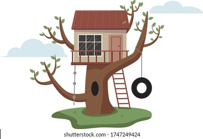 Tree house. Vector flat cartoon illustration