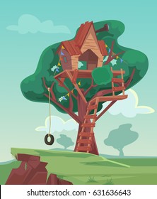 Tree House. Vector Flat Cartoon Illustration