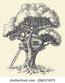 Tree house vector hand drawing. A playhouse built in an oak tree