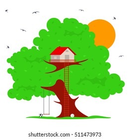 Tree house vector illustration in flat style. Hut on the tree. Green tree in the summer sunshine. Around the tree swallows fly. Advertisements, signs, stickers. Isolated on a white background