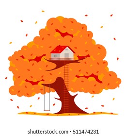 Tree house vector illustration in flat style. Hut on the tree. Autumn tree with red, orange and yellow leaves. Leaf fall. Golden autumn. Advertisements, signs, stickers. Isolated on a white background