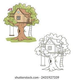 a tree house vector illustrations. Simple Design Outline Style. You can give color you like. drawing with line-art on white backgrounds