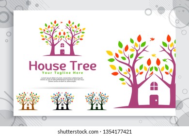 tree house vector logo made from two trees incorporate with house as a symbol icon a residence like village house, can use for template digital