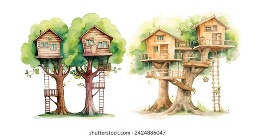 tree house watercolor vector illustration