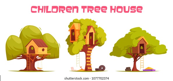 Tree houses between green foliage set with hanging ladder, swing and sand for play isolated vector illustration  