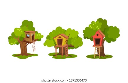 Tree Houses as Wooden Hut in Tree Crown with Ladders Vector Set