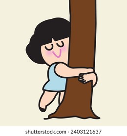 Tree Hugger Girl Hugging Tree Trunk In The Wood Concept Card Character illustration