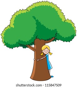 Tree Hugger: Little girl hugging tree. No transparency and gradients used.