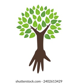 tree with human hand root logo. vector illustration.