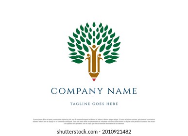 Árbol con lápiz humano para vectores de diseño de logotipo de educación escolar