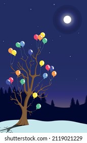 Tree hung with colorful balloons in a winter landscape