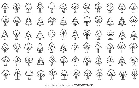 Tree icon. Big set of linear tree icons in minimalist style. Simple silhouette tree icons collection. Line art trees. Vector illustration