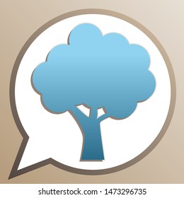 Tree icon. Bright cerulean icon in white speech balloon at pale taupe background. Illustration.