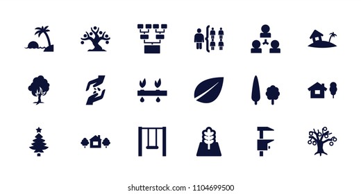Tree icon. collection of 18 tree filled icons such as leaf, structure, swing, home on island, island, plant, hand with seeds, chainsaw. editable tree icons for web and mobile.