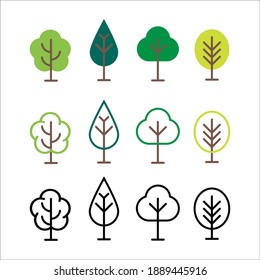 Tree icon collection. Different colored trees in flat design. Flat tree set isolated on white background