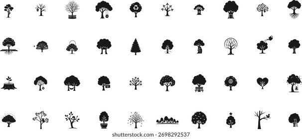 Tree icon collection. Silhouette tree set. Liner tree editable stroke. Ecology Vector illustration.