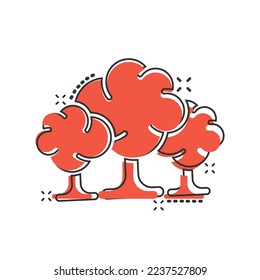 Tree icon in comic style. Forest cartoon vector illustration on white isolated background. Plant splash effect sign business concept.