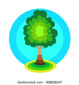 Tree icon concept. Green tree on blue sky background.