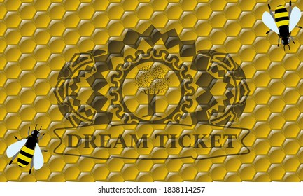 tree icon and dream ticket text honey bees realistic emblem. beekeeping chic background. Illustration. 