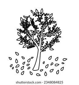 icono de árbol, hojas cayendo sobre fondo blanco, ilustración vectorial