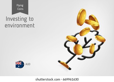 Tree icon with flying Australian Dollar coins, finance concept.