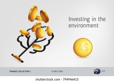 Tree icon with flying Australian Dollar coins, finance concept. Vector illustration for print, websites, web design, mobile app, infographics.