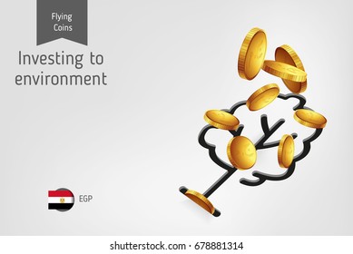 Tree icon with flying Egyptian Pound coins, finance concept.