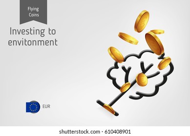 Tree icon with flying euro coins, finance concept.