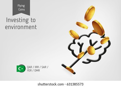 Tree icon with flying islamic rial coins, finance concept.