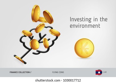 Tree icon with flying Lao Kip coins, finance concept. Vector illustration for print, websites, web design, mobile app, infographics.
