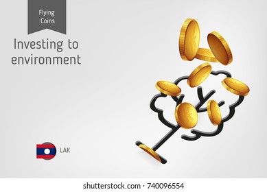 Tree icon with flying Laos Kip coins, finance concept. Vector illustration for print, websites, web design, mobile app, infographics.