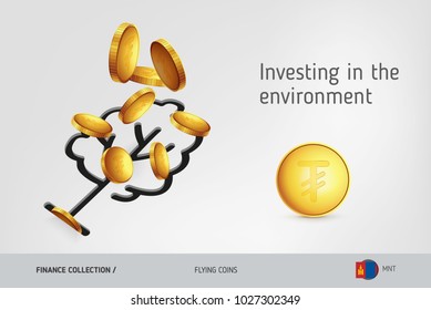 Tree icon with flying Mongolian Tughrik coins, finance concept. Vector illustration for print, websites, web design, mobile app, infographics.