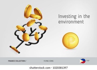 Tree icon with flying Philippine Peso coins, finance concept. Vector illustration for print, websites, web design, mobile app, infographics.