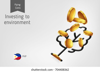 Tree icon with flying Philippine Peso coins, finance concept.