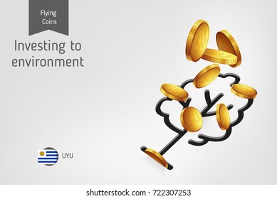 Tree icon with flying Uruguayan Peso coins, finance concept. Vector illustration for print, websites, web design, mobile app, infographics. 