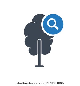 Tree icon, forest, nature, ecology concept icon with research sign. Tree icon and explore, find, inspect symbol