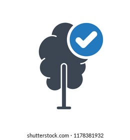 Tree icon, forest, nature, ecology concept icon with check sign. Tree icon and approved, confirm, done, tick, completed symbol