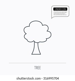 Tree icon. Forest wood sign. Nature environment symbol. Linear outline icon. Speech bubble of dotted line. Vector