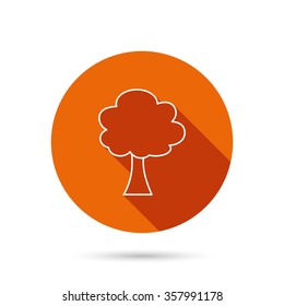 Tree icon. Forest wood sign. Nature environment symbol. Round orange web button with shadow.