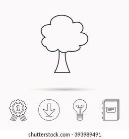 Tree icon. Forest wood sign. Nature environment symbol. Download arrow, lamp, learn book and award medal icons.