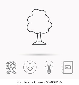 Tree icon. Forest wood sign. Nature environment symbol. Download arrow, lamp, learn book and award medal icons.
