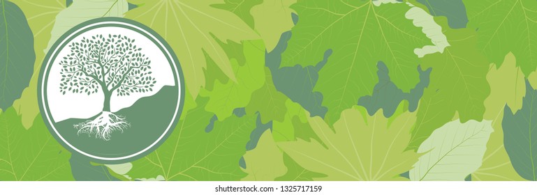 Tree icon and green leaves background