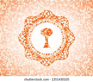 tree icon inside abstract emblem, orange mosaic background