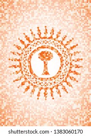 tree icon inside abstract emblem, orange mosaic background