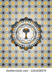 tree icon inside arabic style badge. Arabesque decoration.